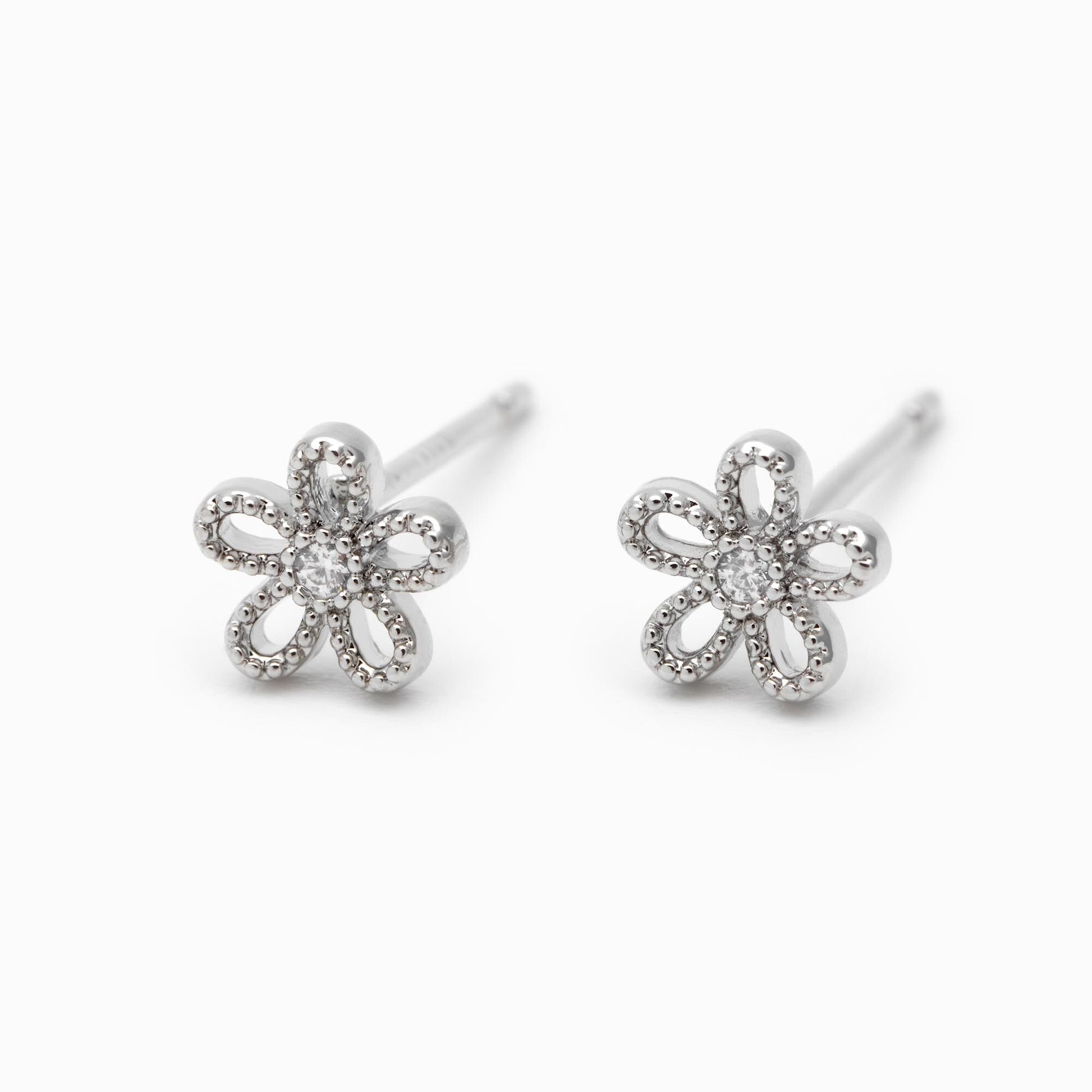 10pcs CZ Pave Gold/ Silver Flower Ear Posts 6mm, Gold/ Rhodium Plated Brass Stud Earrings, DIY Ear Findings (GB-3381)