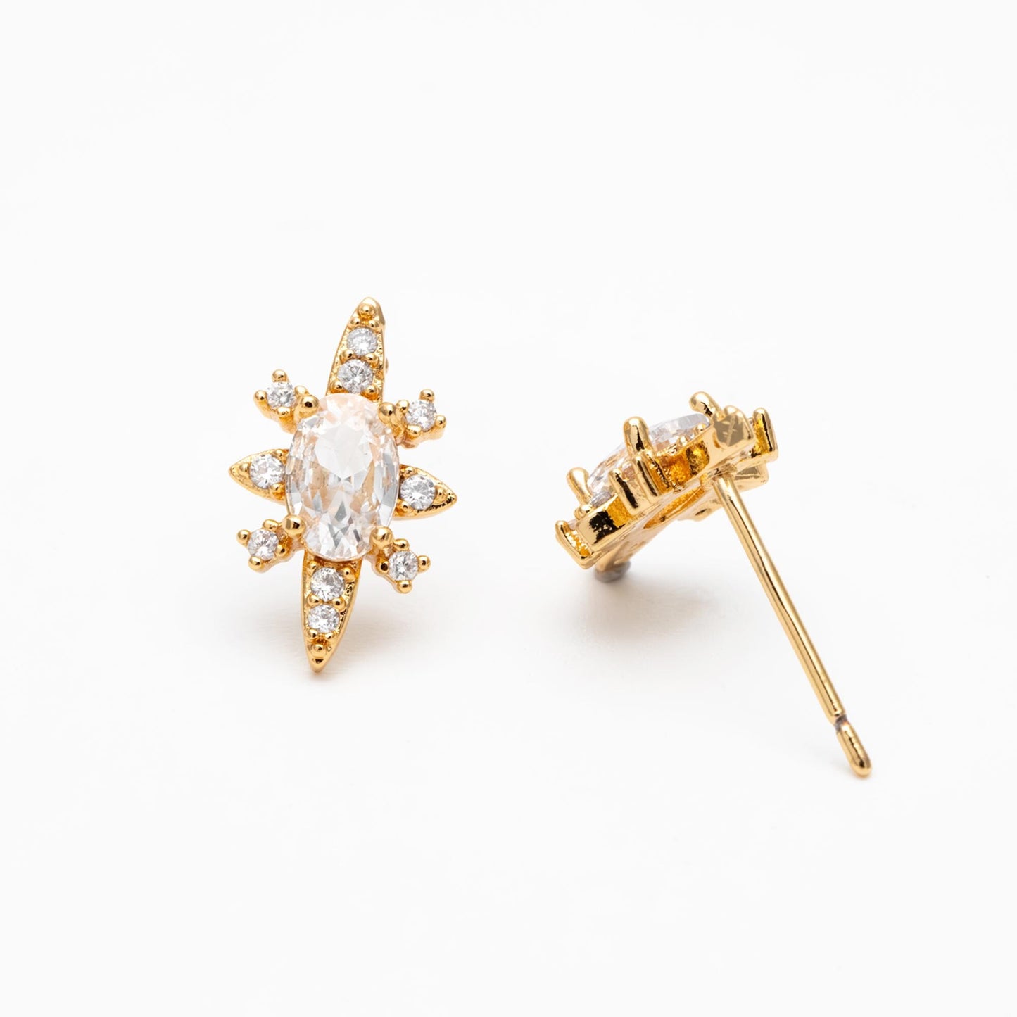 4pcs CZ Pave Gold Oval Ear Posts, Gold Plated Brass, Dainty Stud Earrings, DIY Earring Findings (#GB-3633-B)