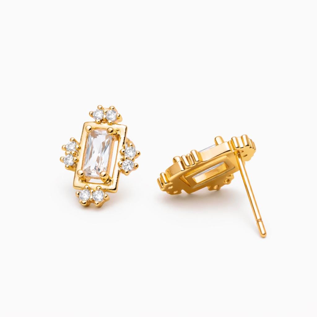 4pcs CZ Pave Rectangle Earring Studs, 18K Gold plated Brass Ear Posts, Geometric Earring Findings (#GB-3633-E)
