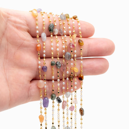 Gemstone Beaded Chain, 18K Gold plated Brass, Faux Pearl Bead Chain Wholesale (#LK-625)/ 1 Meter=3.3ft