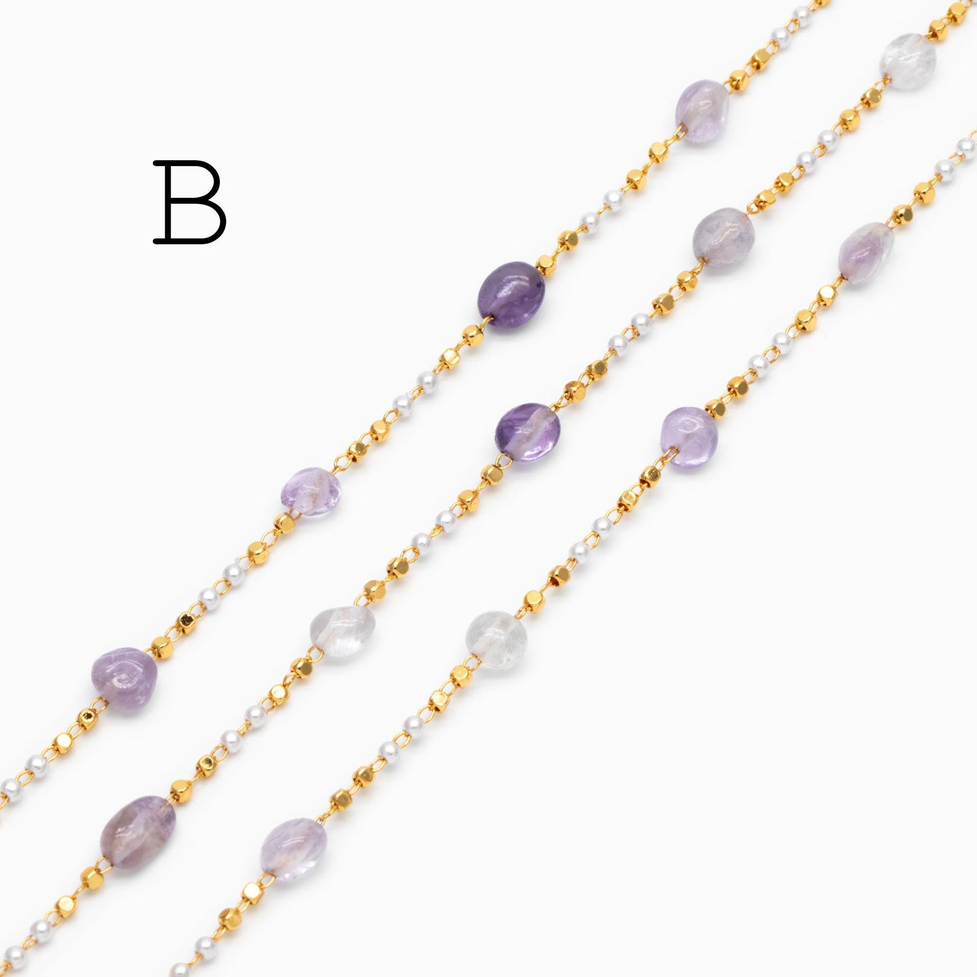 Gemstone Beaded Chain, 18K Gold plated Brass, Faux Pearl Bead Chain Wholesale (#LK-625)/ 1 Meter=3.3ft