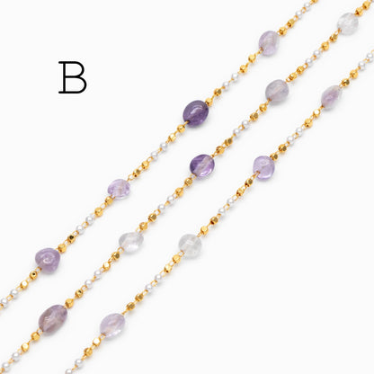 Gemstone Beaded Chain, 18K Gold plated Brass, Faux Pearl Bead Chain Wholesale (#LK-625)/ 1 Meter=3.3ft
