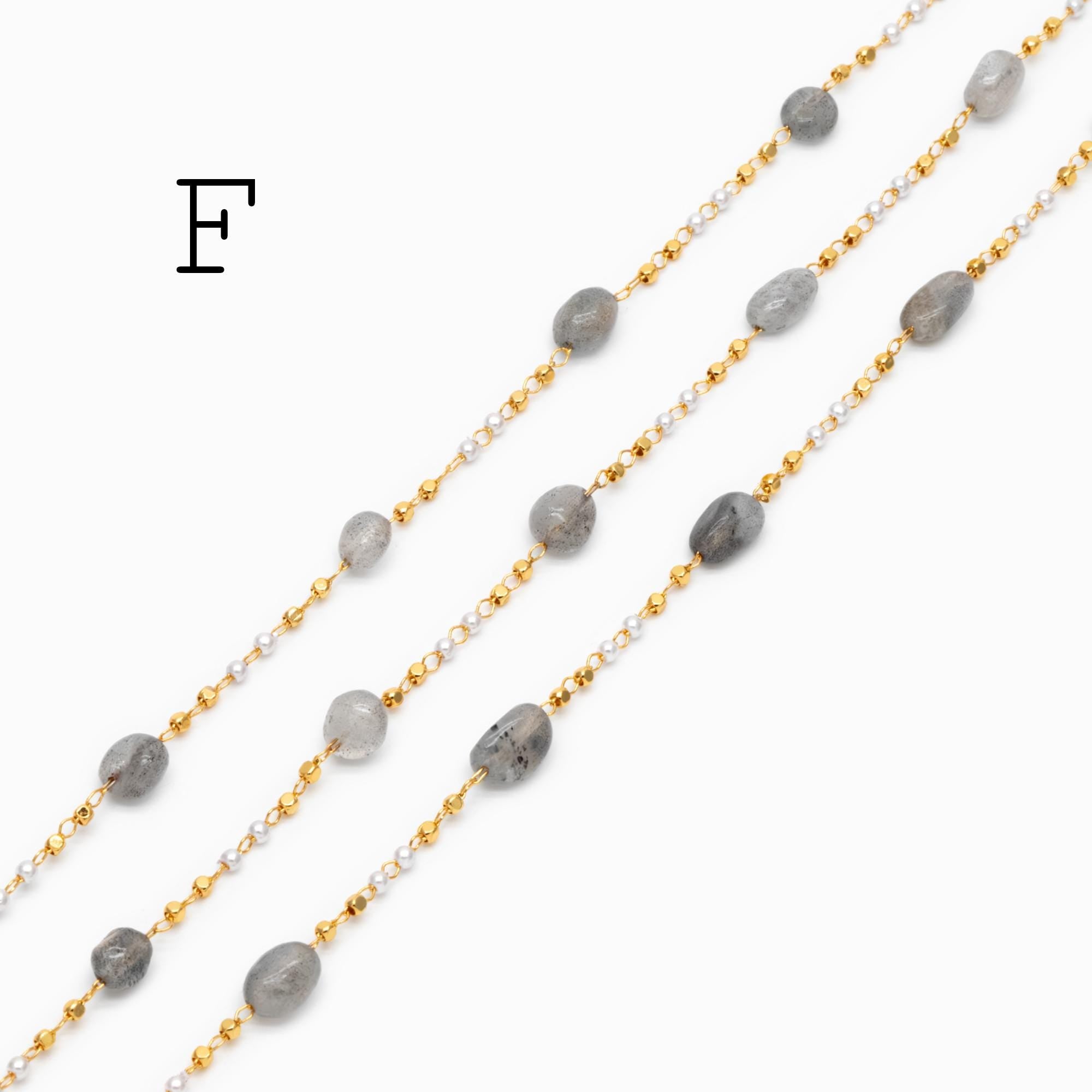 Gemstone Beaded Chain, 18K Gold plated Brass, Faux Pearl Bead Chain Wholesale (#LK-625)/ 1 Meter=3.3ft