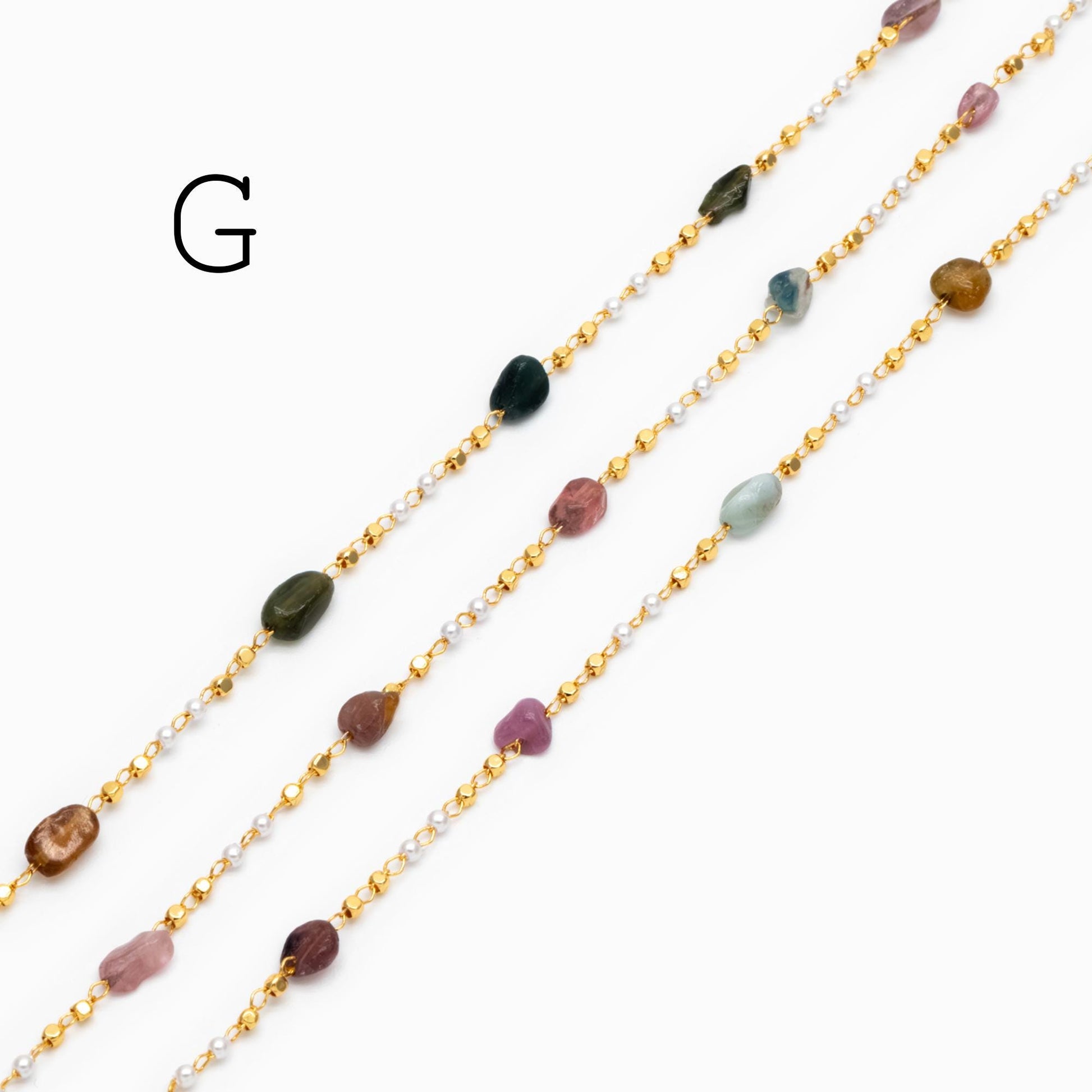 Gemstone Beaded Chain, 18K Gold plated Brass, Faux Pearl Bead Chain Wholesale (#LK-625)/ 1 Meter=3.3ft