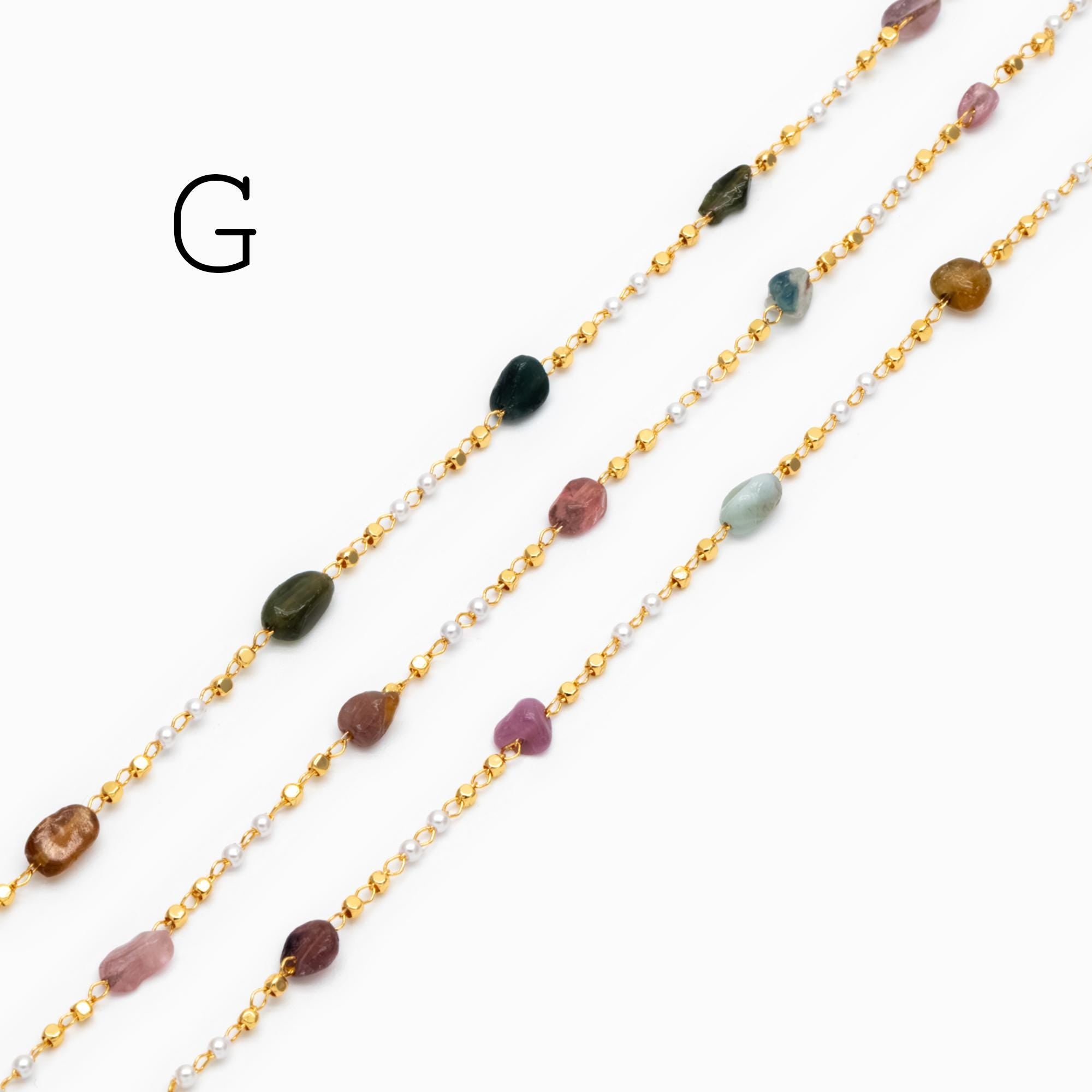 Gemstone Beaded Chain, 18K Gold plated Brass, Faux Pearl Bead Chain Wholesale (#LK-625)/ 1 Meter=3.3ft