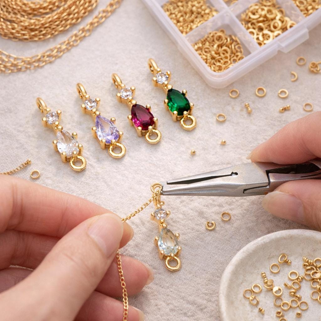 10pcs Rhinestone Teardrop Connectors, Crystal Drop Charms, 18K Gold Supplies, Diy Material (GB-2643)