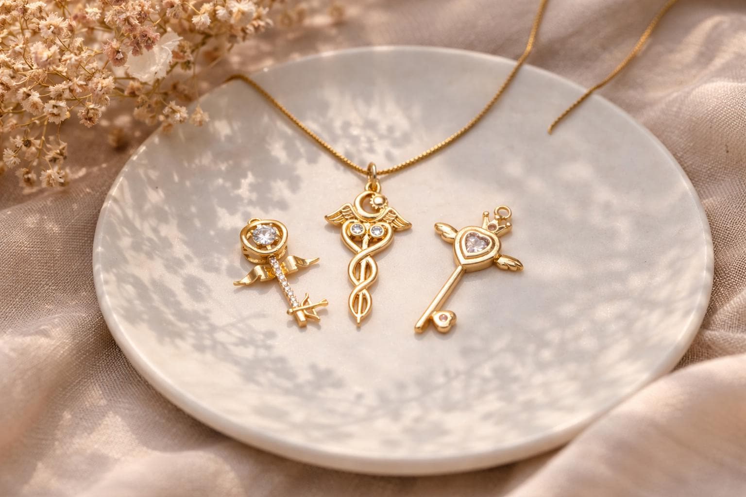 4pcs Gold Winged Key Charms: CZ Pave Fairy Wand Pendants (GB-2638)