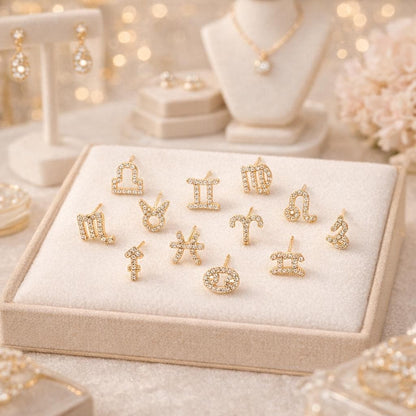 2pcs CZ paved Zodiac Constellation Stud Earrings, 18K Real Gold/ Rhodium plated Brass, Dainty Zodiac Sign Earrings(GB-4768)