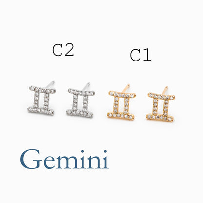 2pcs CZ pave Zodiac Constellation Stud Earrings, 18K Gold/ Rhodium plated Brass, Dainty Sign Earrings (GB-4768)
