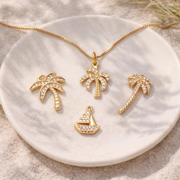 4pcs CZ Pave Sailboat & Tree Charms: 18K Gold Plated Brass, (GB-2374)