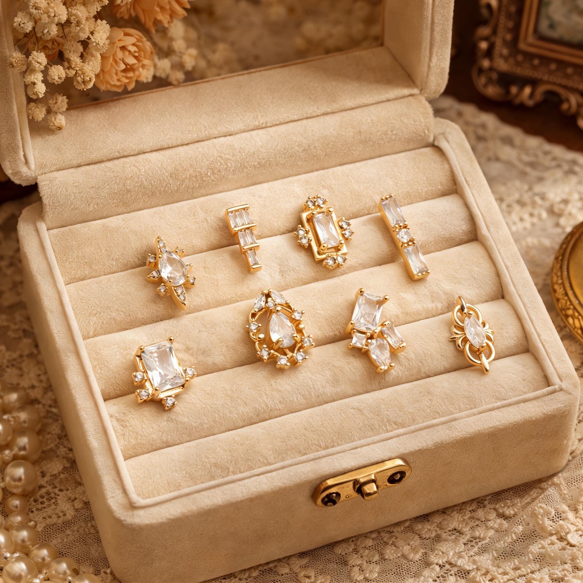 4pcs CZ Pave Dainty Geometric Stud Earrings, 18K Gold Plated Brass, Cubic Zirconia Earrings (GB-3633)