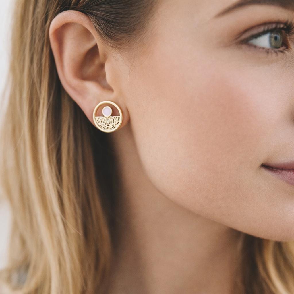 4pcs Gold Enamel Round Earrings 13mm, 18K Gold plated Brass, Geometric Stud Earrings (GB-4399)