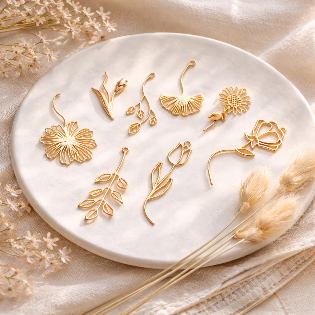 10pcs Gold Flower Leaf Charms, 18K Gold plated Brass, Dainty Earring Pendants (GB-4425)