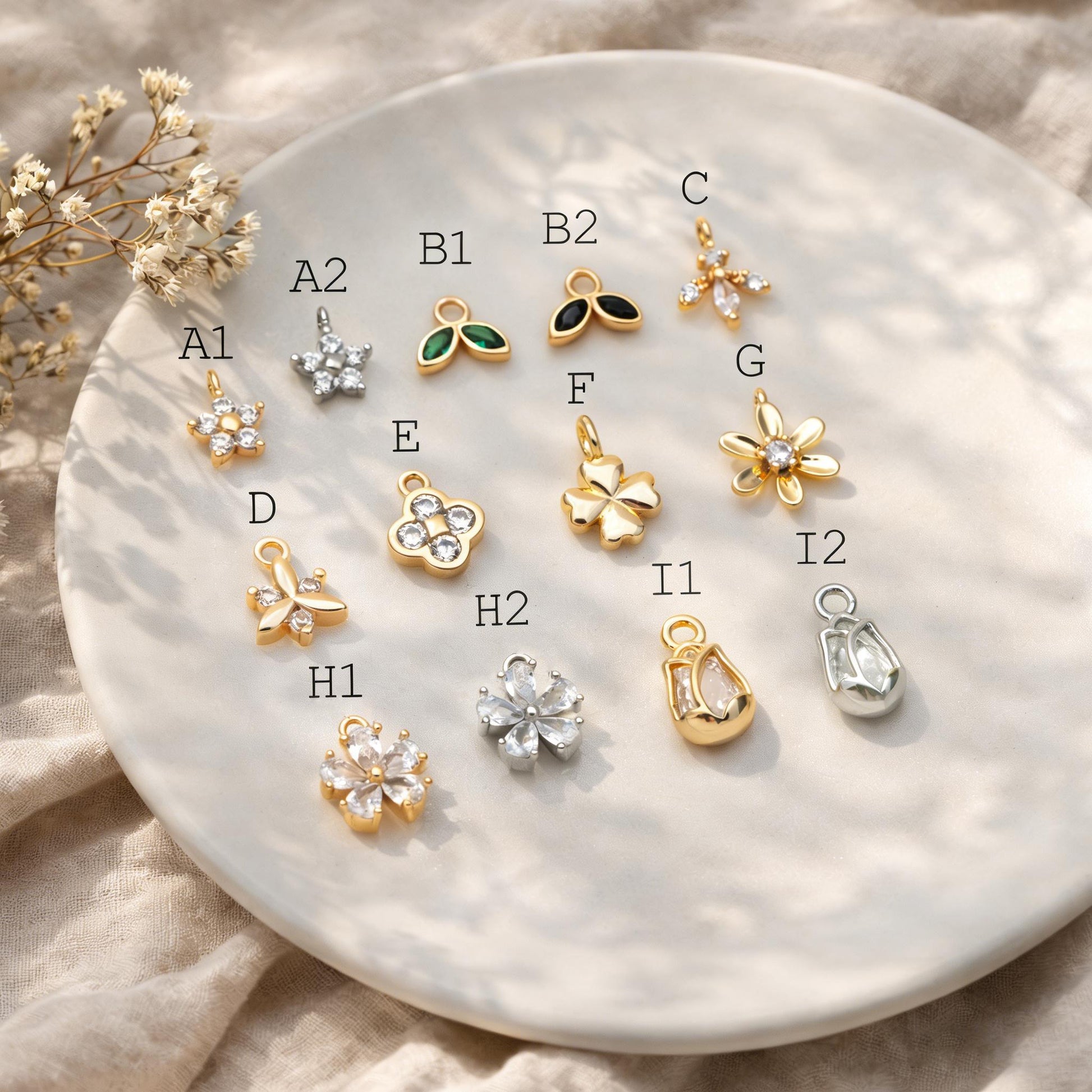 10pcs Gold/ Silver Tone Flower Leaf Charms, 18K Real Gold/ Rhodium plated Brass, Tiny Floral Pendants (GB-1762)