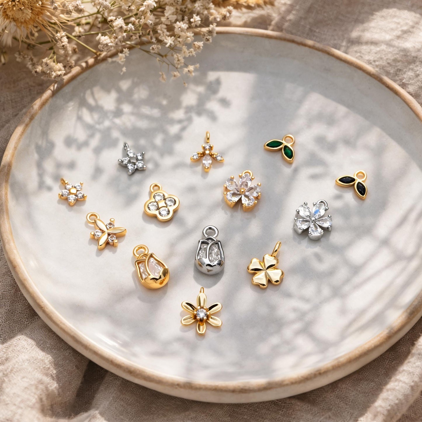 10pcs Gold/ Silver Tone Flower Leaf Charms, 18K Real Gold/ Rhodium plated Brass, Tiny Floral Pendants (GB-1762)