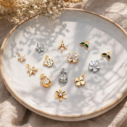 10pcs Gold/ Silver Tone Flower Leaf Charms, 18K Real Gold/ Rhodium plated Brass, Tiny Floral Pendants (GB-1762)