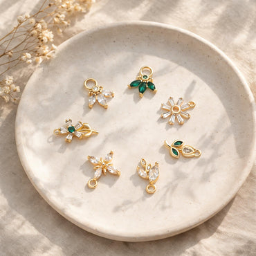 4pcs CZ Pave Gold Flower Leaf Charms, 18K Gold plated Brass, Dainty Earring Pendants (GB-4130)