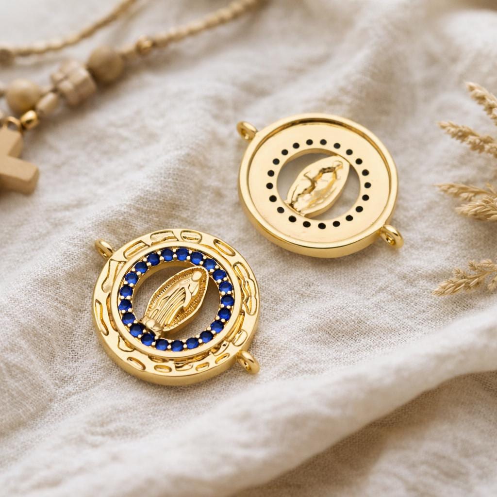 4pcs CZ pave Gold Hollow Virgin Mother Mary Connectors, Catholic Baptism Lady Guadalupe Charm, Medallion Religious Jewelry Craft (GB-4395-B)
