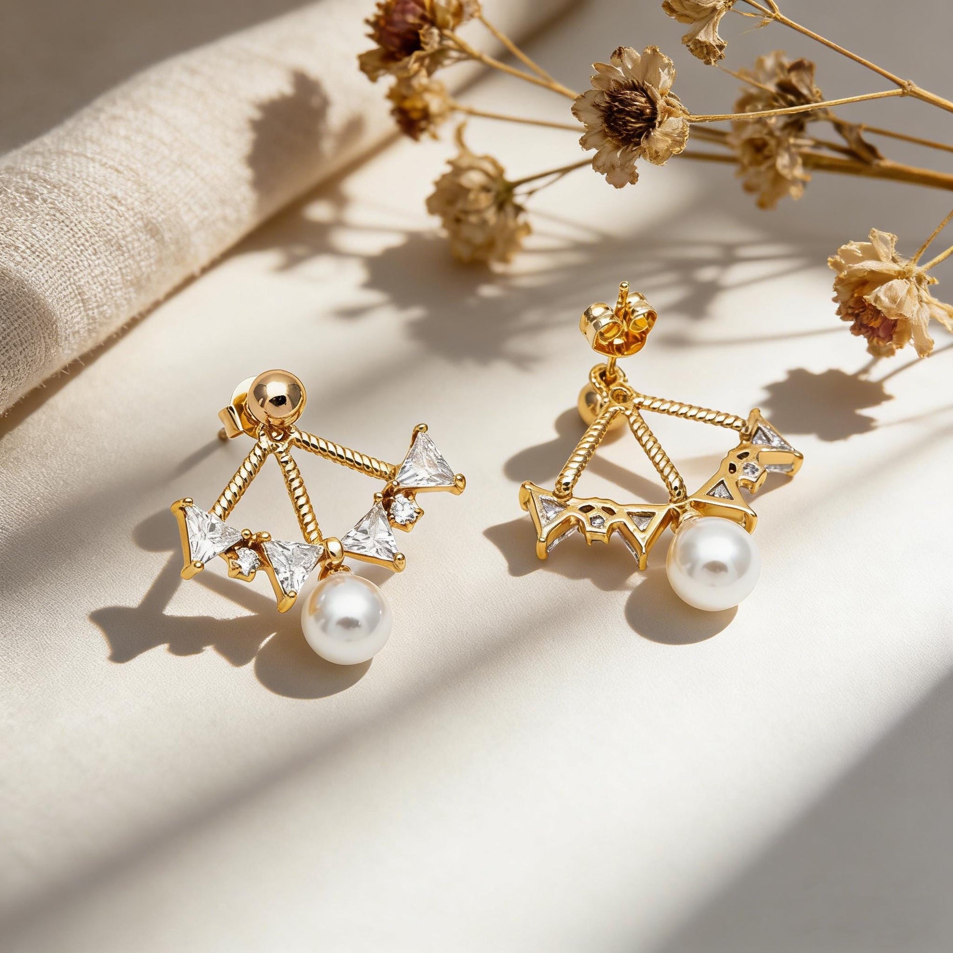 4pcs Elegant 6mm Glass Pearl & CZ Earrings, Gold-Plated Stud Earrings, Sparkling Chic Jewelry (GB-1625)