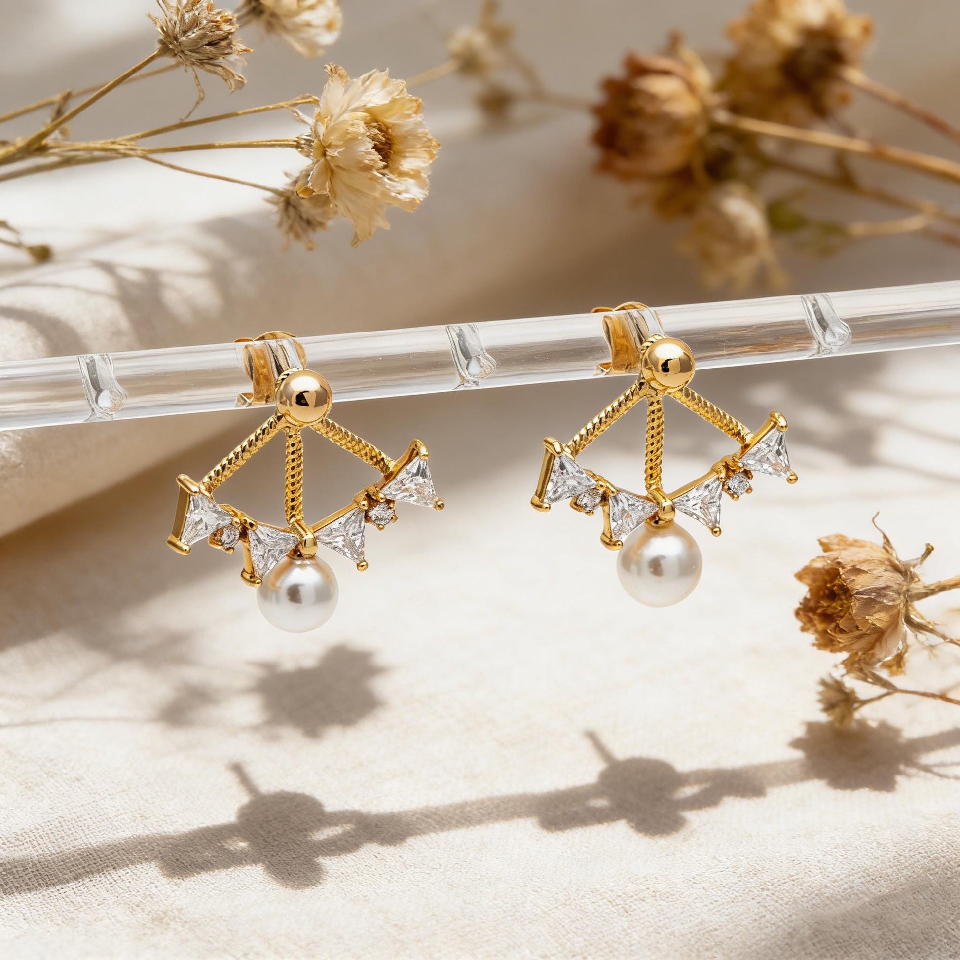 4pcs Elegant 6mm Glass Pearl & CZ Earrings, Gold-Plated Stud Earrings, Sparkling Chic Jewelry (GB-1625)