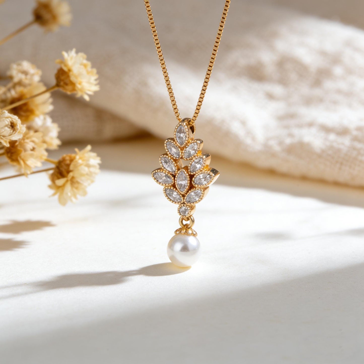 4pcs Gold Tone Floral Pendant with 6mm Glass Faux Pearl & Clear CZ Stones – DIY Jewelry Components, Bulk Pack (GB-1489)