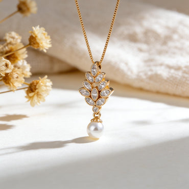4pcs Gold Tone Floral Pendant with 6mm Glass Faux Pearl & Clear CZ Stones – DIY Jewelry Components, Bulk Pack (GB-1489)