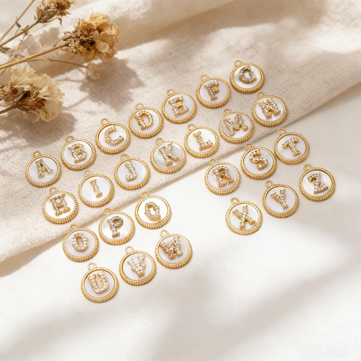 Gold Alphabet Charms, CZ Pave English Letter, Shell Disc Coin Initial Pendants, You Choose Letter (GB-1635)