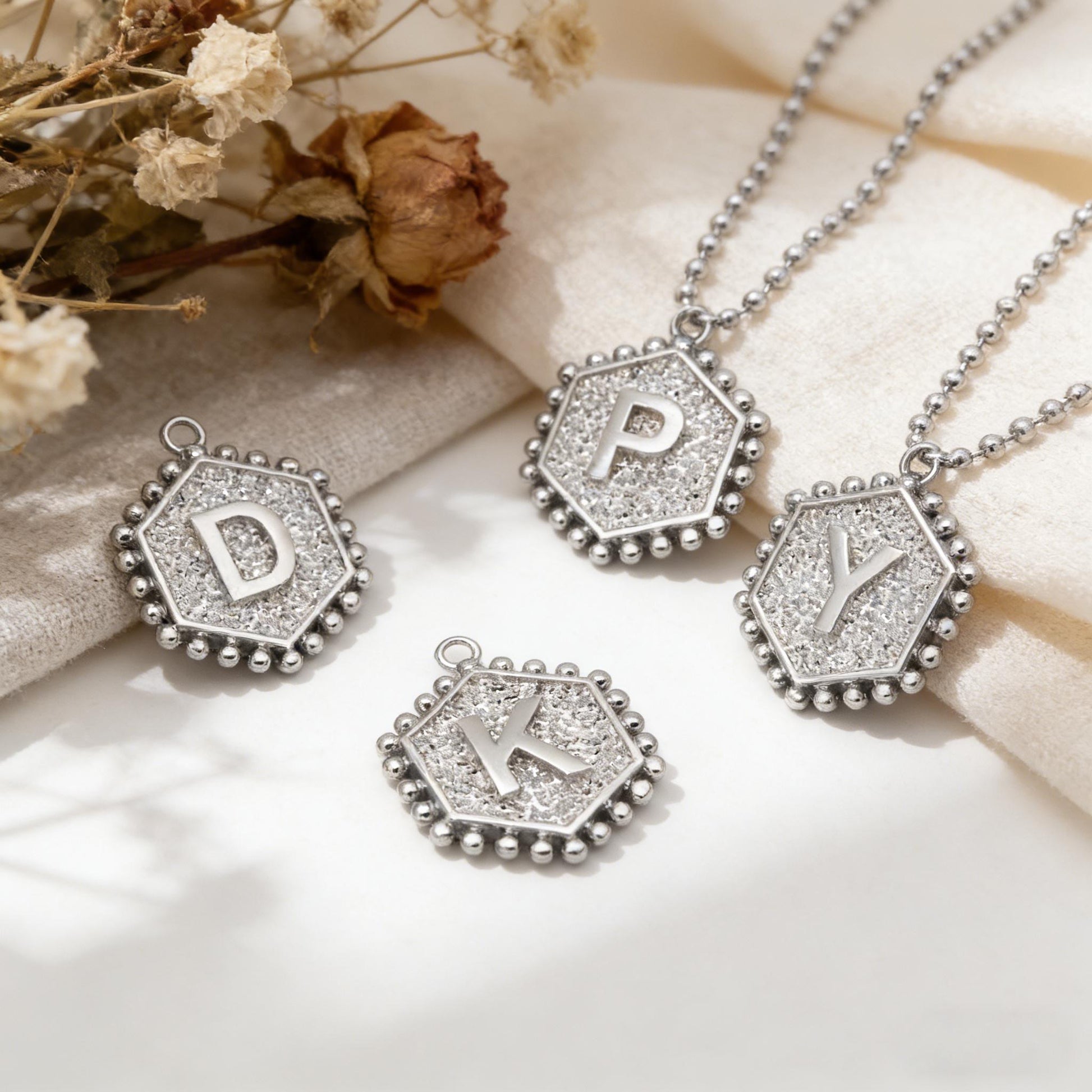 Gold/ Silver Alphabet Charms, English Letter Pendants 16x20mm, Hexagon Initial Coin Pendants (GB-2458)