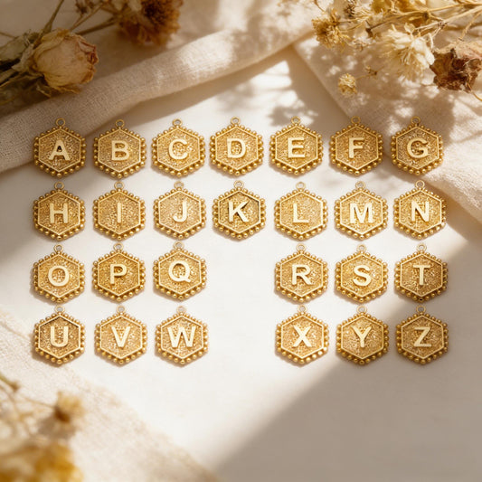 Gold/ Silver Alphabet Charms, English Letter Pendants 16x20mm, Hexagon Initial Coin Pendants (GB-2458)