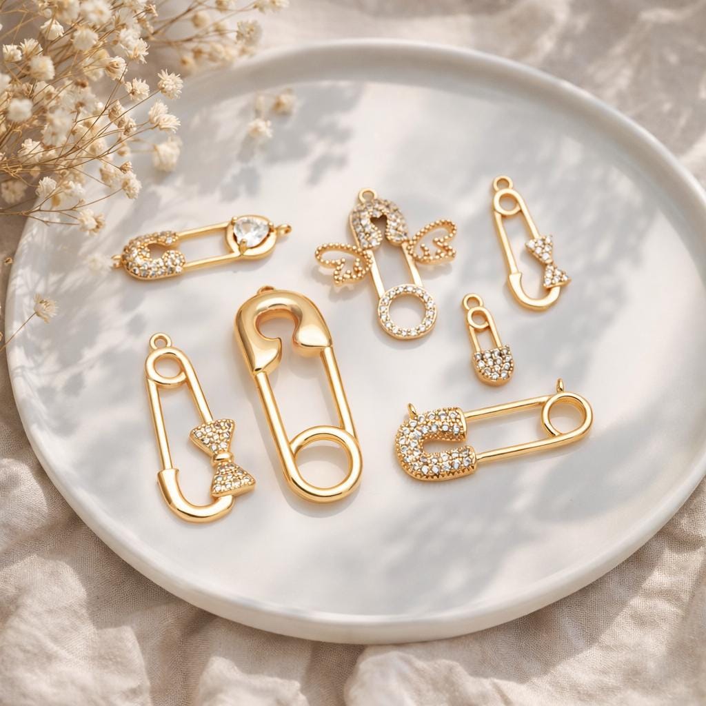 4pcs CZ Pave Safety Pin Charm Connectors , Gold Plated Brass Safety Pin Charm Pendants (GB-1827)