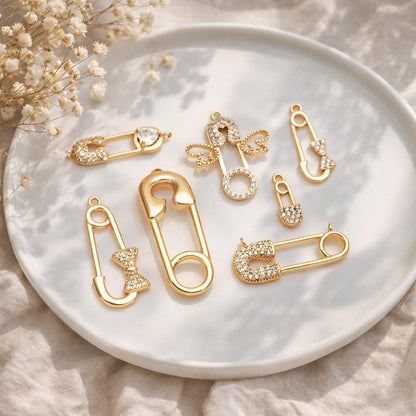 4pcs CZ Pave Safety Pin Charm Connectors , Gold Plated Brass Safety Pin Charm Pendants (GB-1827)