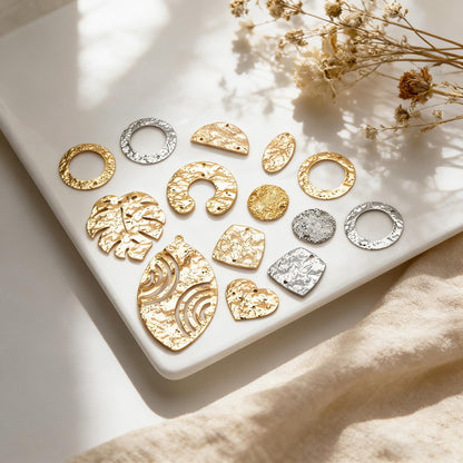10pcs Gold/ Silver Tone Hammered Charm Connectors, Gold/ Rhodium plated Brass, Rustic Geometric Pendents (GB-1422)