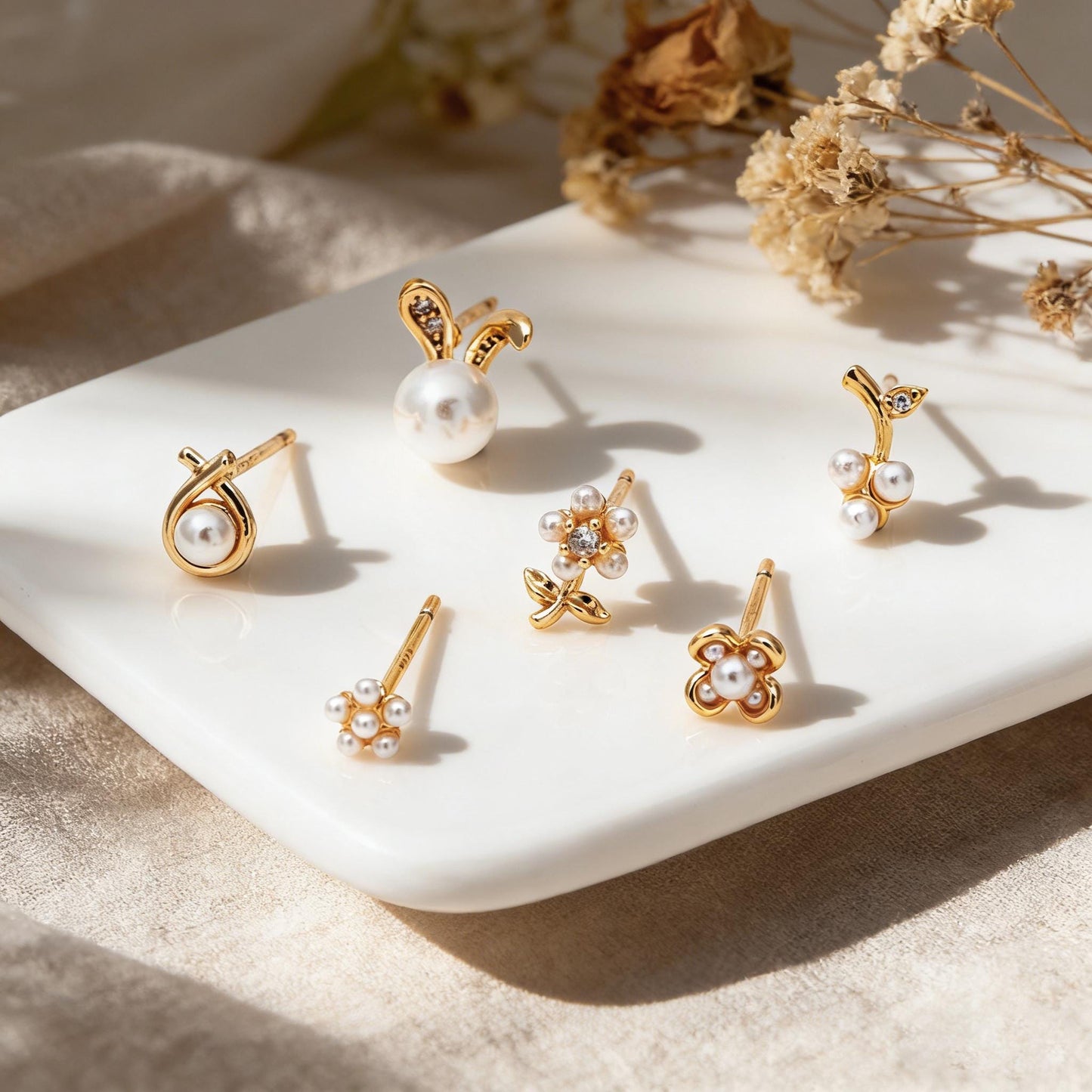10pcs Gold/ Silver Faux Pearl Earrings, 18K Real Gold/ Rhodium Plated Brass, Dainty Stud Earring (#GB-4681)
