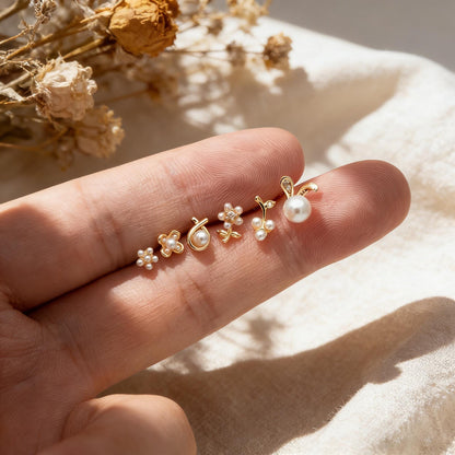 10pcs Gold/ Silver Faux Pearl Earrings, 18K Real Gold/ Rhodium Plated Brass, Dainty Stud Earring (#GB-4681)