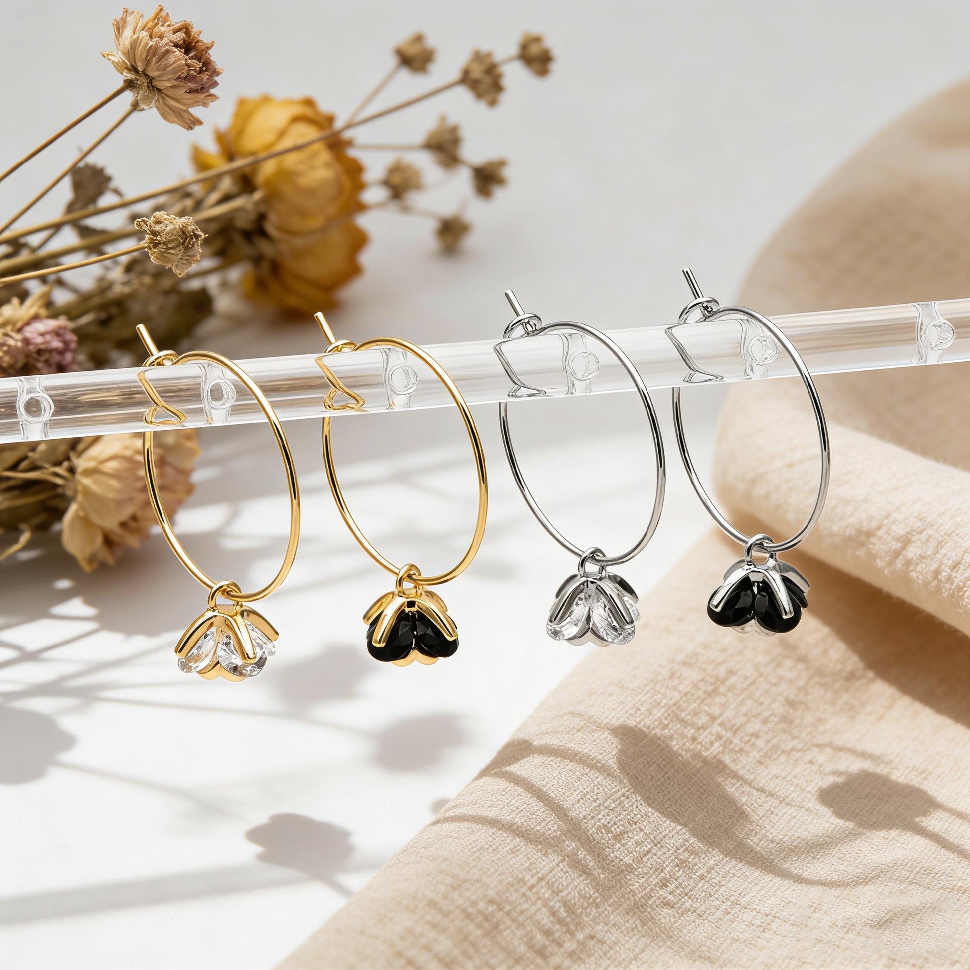 10pcs CZ Pave Flower Charms 8mm, Gold/ Silver tone Floral Pendants, Clear/ Black Cubic Zirconia (GB-343)