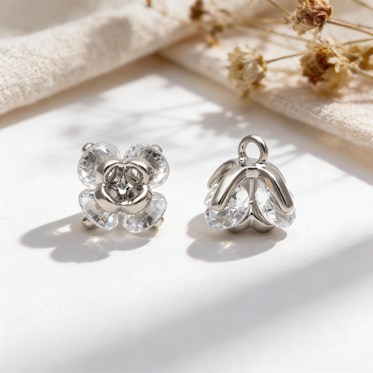 10pcs CZ Pave Flower Charms 8mm, Gold/ Silver tone Floral Pendants, Clear/ Black Cubic Zirconia (GB-343)