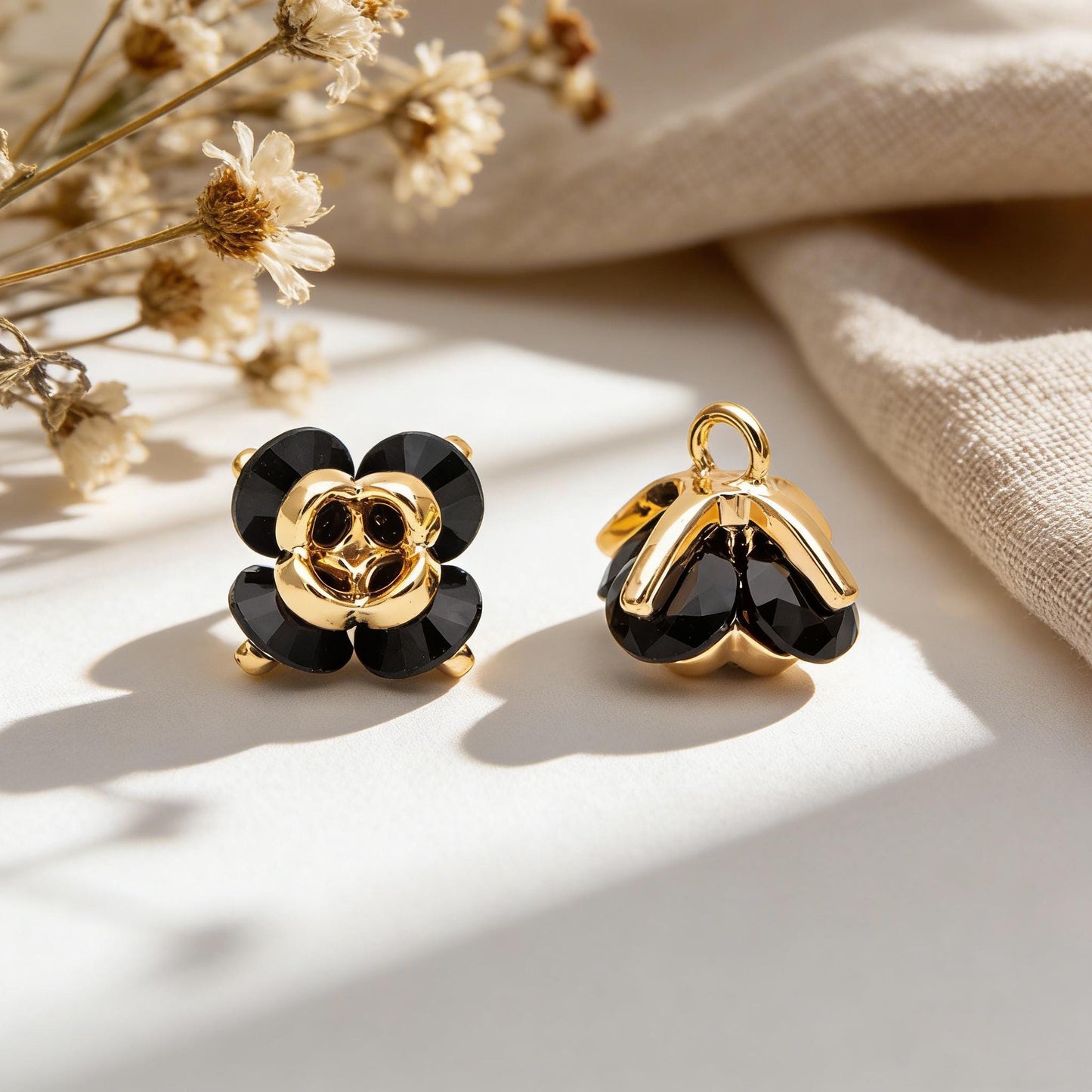 10pcs CZ Pave Flower Charms 8mm, Gold/ Silver tone Floral Pendants, Clear/ Black Cubic Zirconia (GB-343)