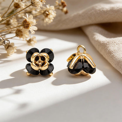 10pcs CZ Pave Flower Charms 8mm, Gold/ Silver tone Floral Pendants, Clear/ Black Cubic Zirconia (GB-343)