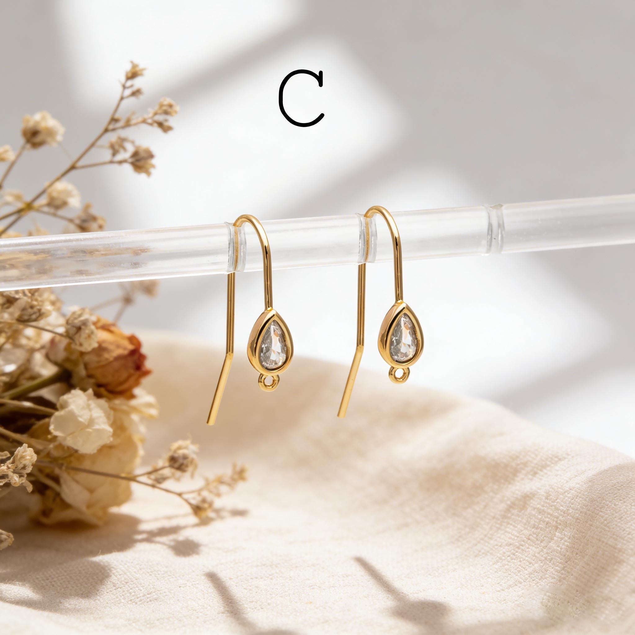 10pcs CZ Pave Earring Hooks with Loop, 18K Real Gold Plated Brass, Geometric Earwires (GB-1125)