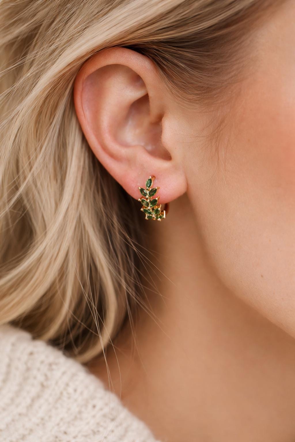 4pcs CZ Pave Emerald Leaf Hoop Earrings, 18K Real Gold/ Rhodium Plated Brass, Dainty Huggie Earrings (GB-4762)