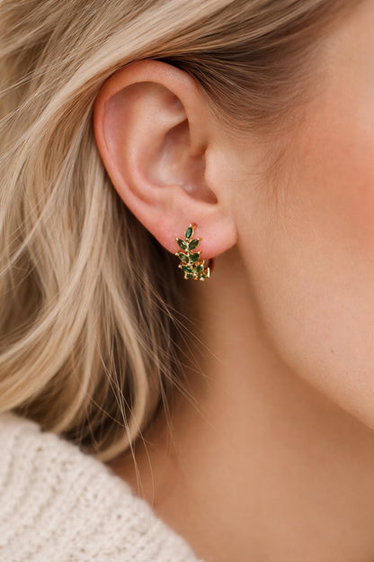 4pcs CZ Pave Emerald Leaf Hoop Earrings, 18K Real Gold/ Rhodium Plated Brass, Dainty Huggie Earrings (GB-4762)