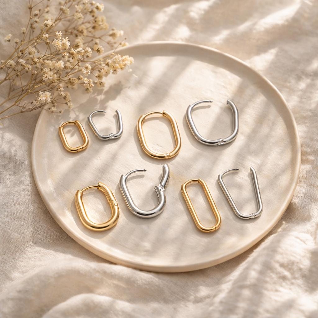 4pcs Gold/ Silver Dangle Minimalist Huggies Earring, Gold/ Rhodium plated Stainless Steel, Gold Huggie Earrings Supply (GB-2388)