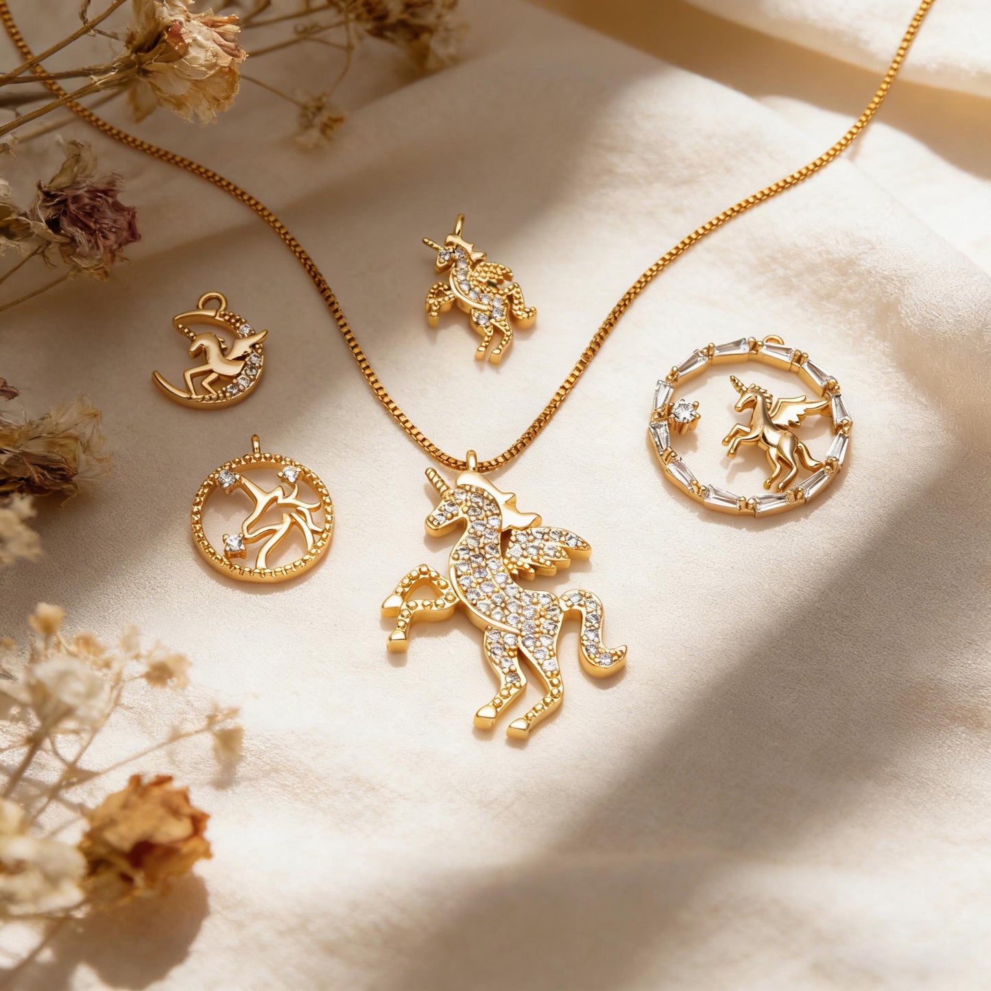 4pcs CZ pave Gold Unicorn Charms, 18k Real Gold plated Brass, Cute Earring Charms (GB-730)