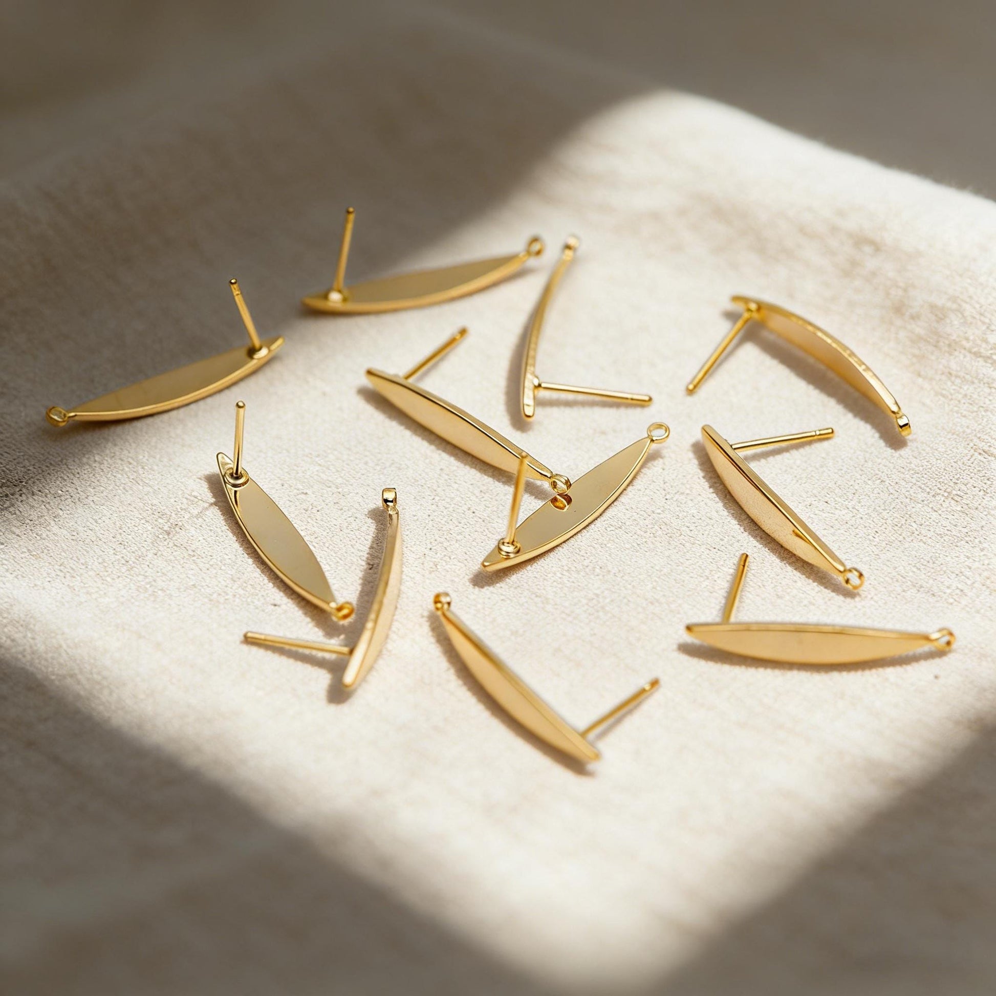 10pcs Gold Bar Ear Posts 24x4mm, 18K Gold plated Leaf Ear Posts, Stud Earring Components (GB-631)