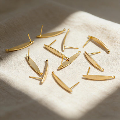 10pcs Gold Bar Ear Posts 24x4mm, 18K Gold plated Leaf Ear Posts, Stud Earring Components (GB-631)