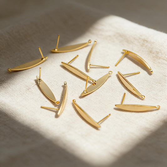 10pcs Gold Bar Ear Posts 24x4mm, 18K Gold plated Leaf Ear Posts, Stud Earring Components (GB-631)