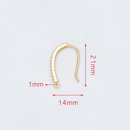 10pcs CZ Pave Gold/ Silver Earring Hooks 21x14mm, 18K Gold/ Rhodium Plated Brass Earwires, Sparkly Earring Components (GB-586)