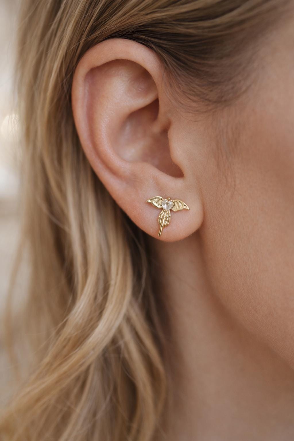 10pcs CZ Pave Gold/ Silver Heart Wing and Eye Earrings, 18K Gold/ Rhodium Plated Brass, Dainty Stud Earrings (GB-4766)