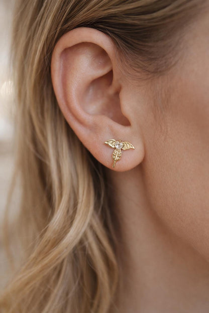 10pcs CZ Pave Gold/ Silver Heart Wing and Eye Earrings, 18K Gold/ Rhodium Plated Brass, Dainty Stud Earrings (GB-4766)