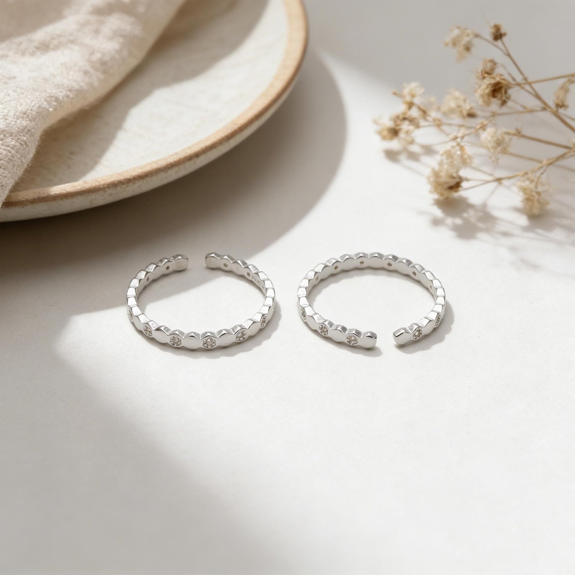 Minimalist Sterling Silver Ring, CZ Pave Adjustable Hexagon Ring (#CY-060)/ 1 piece